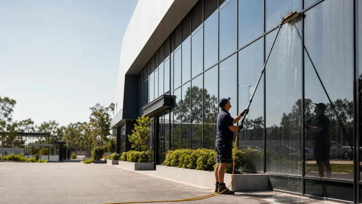 Commercial window cleaner using a water-fed pole on office glass in Western Sydney