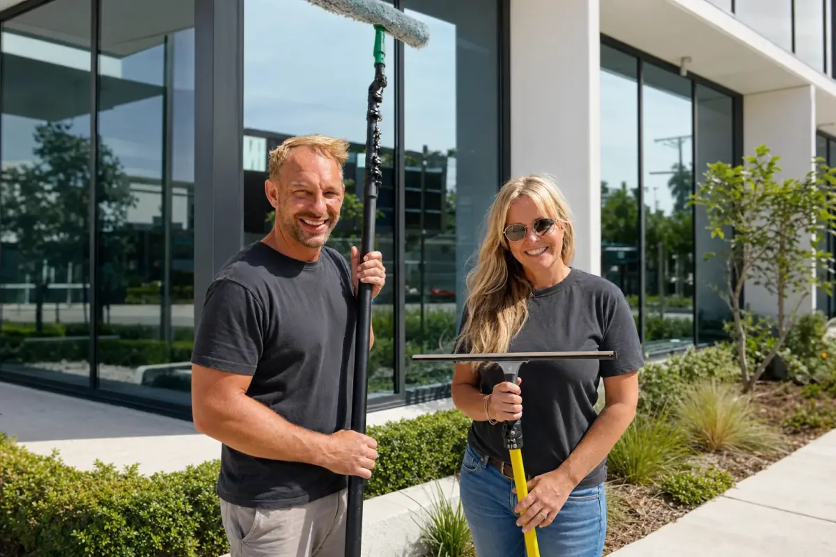 Jarrad and Jacinta from Ocean View Window Cleaning with their window-cleaning equipment