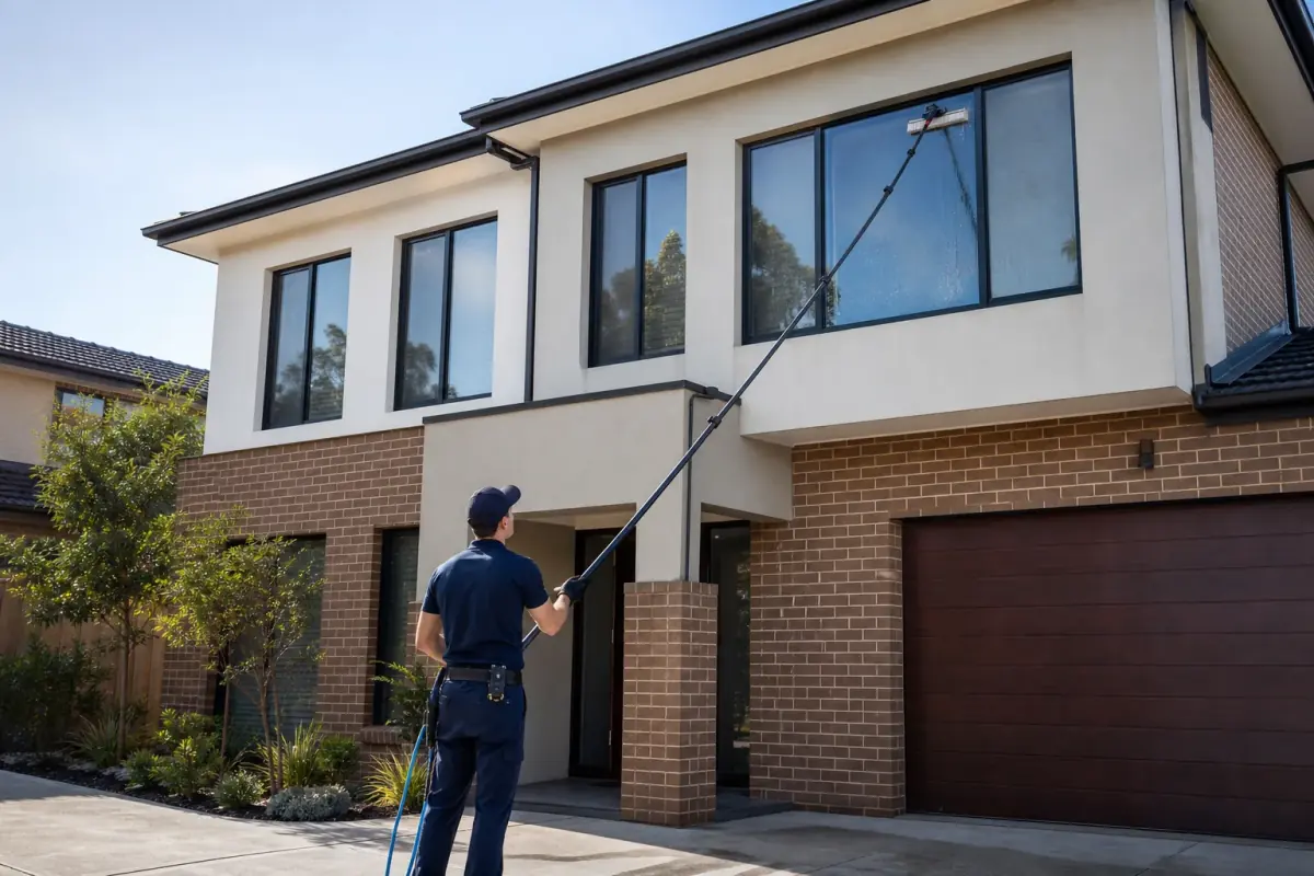 Window cleaner using a water-fed pole on a two-storey Western Sydney home