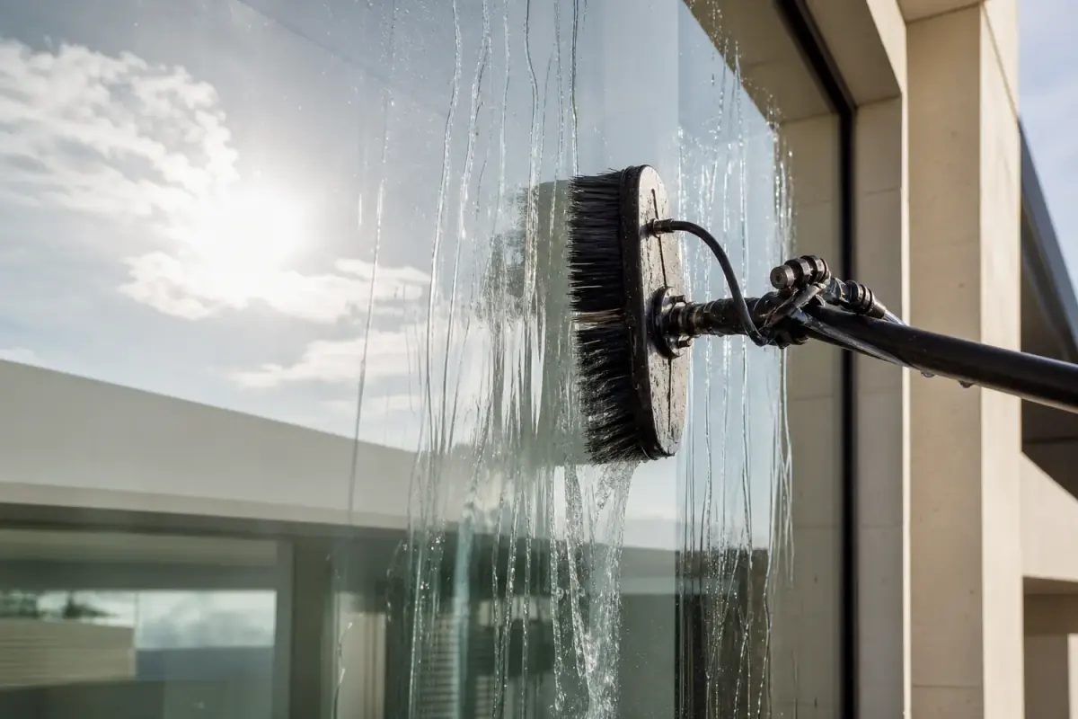 Pure water and a specialist brush cleaning architectural glass